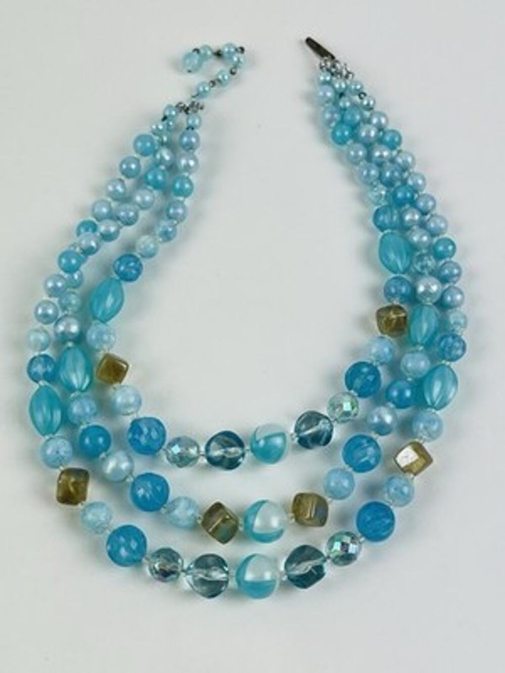 Vntg W Germany 3 Strand Blue Bead Necklace Facet Mid Century 1950s Square Lucite